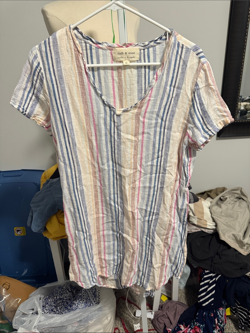 cloth & stone Striped V-Neck dress in Blue, Cream, Pink & Tan